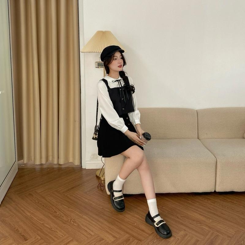 | Kèm ruy băng | Áo sơ mi nữ dáng croptop phối tay kẻ sọc chất xước mềm cotton 03 màu (Sơ mi Giao) 4