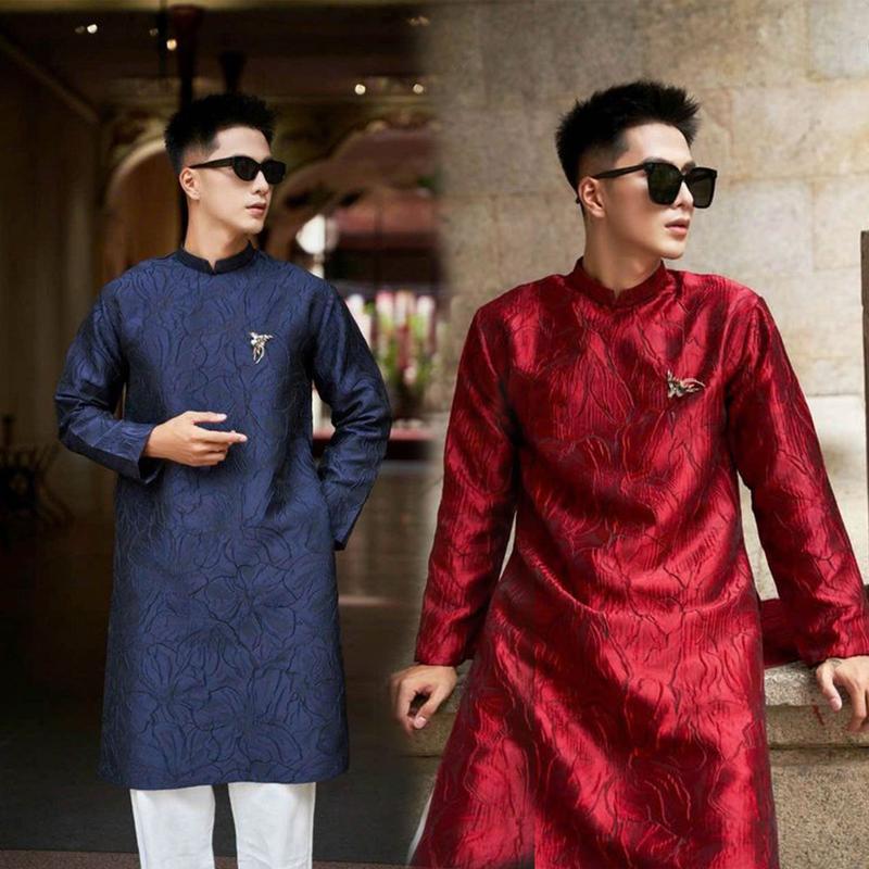 ÁI AZ  Áo Dài Nam Cách Tân Gấm Vân Dáng Ngắn Khóa Sau N002 0