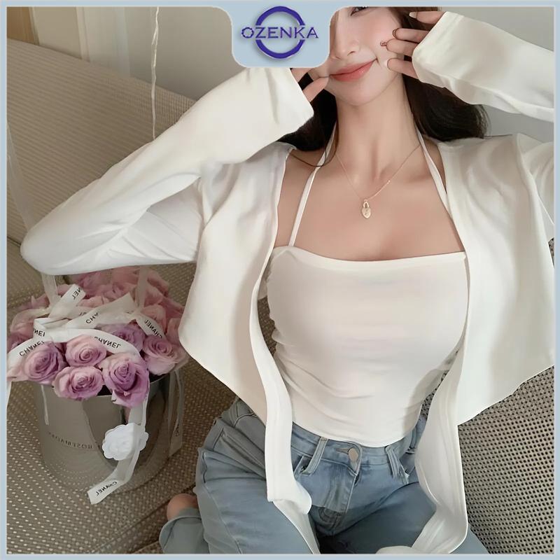 Product Introduction of Áo croptop kiểu tay dài ôm nữ sang chảnh OZENKA , áo dệt kim nữ xinh phong cách nhẹ nhàng cột dây mặc đi chơi đi cà phê 18