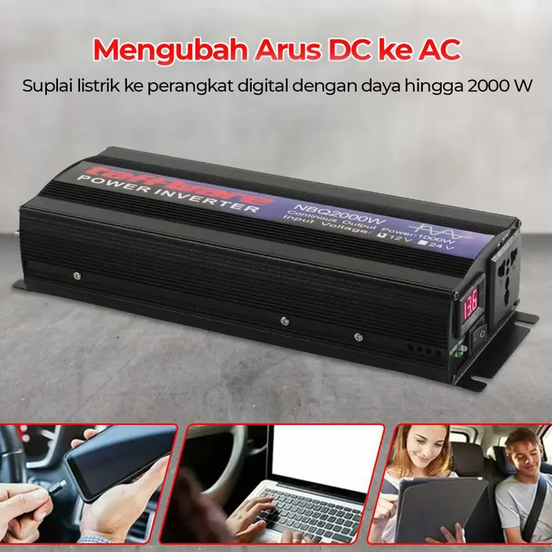 Taffware Power Inverter Mobil Pure Sine Wave DC 12V to AC 220V 2000W - NBQ2000W Peralatan 1
