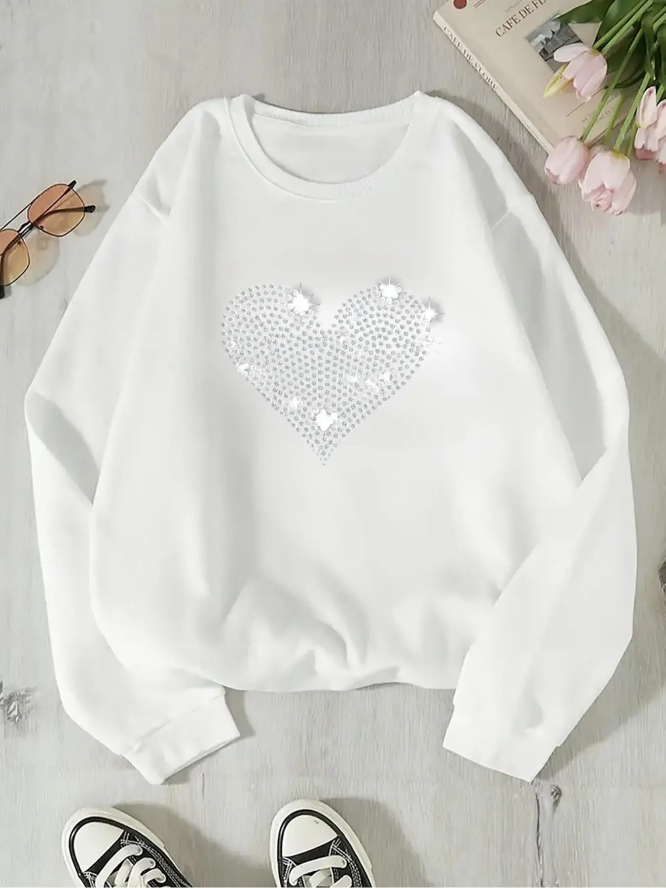 Women's Rhinestone  Decor Heart  Thermal Lined Sweatshirt, Casual Long Sleeve Round Neck Pullover for Fall & Winter, Ladies Clothes for Daily Wear