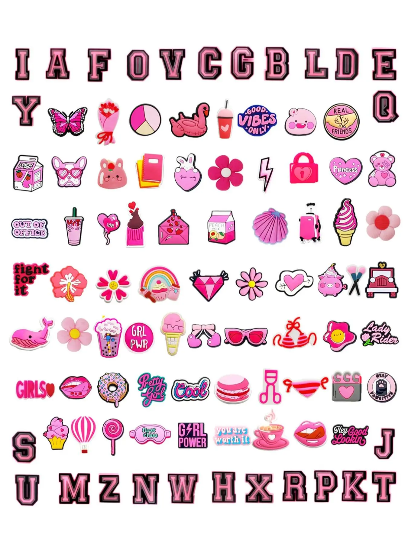 Pink Letter Series DIY Charms for Shoe Decoration, Cute PVC Shoe Charms for Clogs, Fashionable Shoes Decoration for Women & Girls