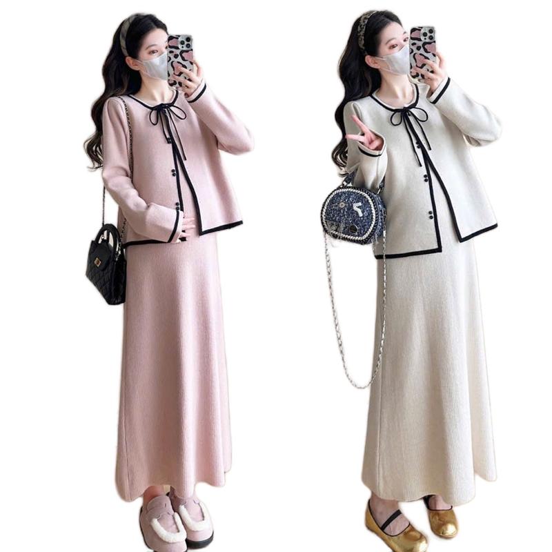 Sét suông đầm bầu MAMADRESS váy hau dây kèm áo cadigan tiện lợi thiết kế LEN TĂM THỎ mềm mại sang chảnh xinh xắn tiểu thư S42 - Kem, Váy Bầu Sandal