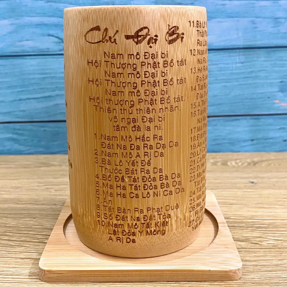 Cốc Tre khắc Chú Đại Bi/Chú Dược sư - Quà tặng từ thiên nhiên cầu Bình an( tặng đế và ống hút)