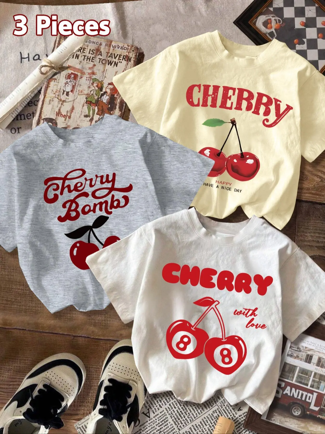 Women's Cherry & Letter Print Round Neck Tee, Casual Graphic Print Short Sleeve Crew Neck T-shirt for Daily Wear, Ladies Clothes for All Seasons