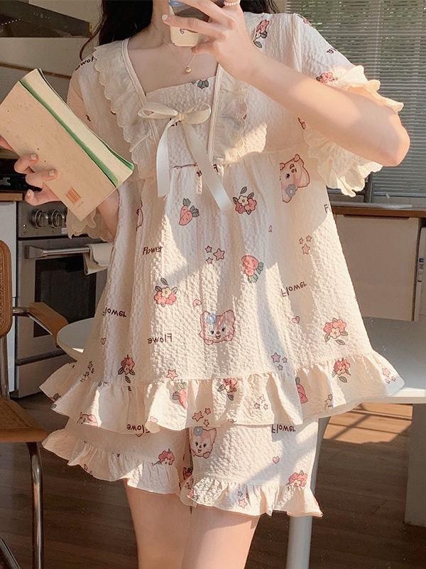 Đồ Bộ Pijama Nữ Họa tiết kẻ caro phối bèo ren cộc đùi Freesize từ 40-58kg