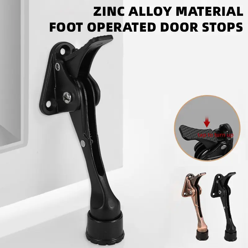 step-on foot operated door stopper，brushed metal door stopper，invisible anti-collision foot pedal, one click adjustable skirting door stopper with rubber silent pad, suitable for wide/heavy doors, easy door stop