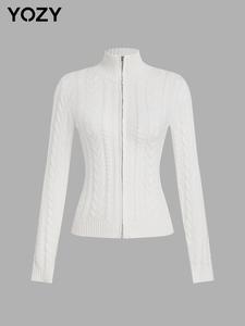 YOZY Women's Solid Textured Zip Up Cardigan, Casual Long Sleeve Stand Collar Keep Warm Cardigan for Fall & Winter, Women's Knit Clothing for Daily Wear