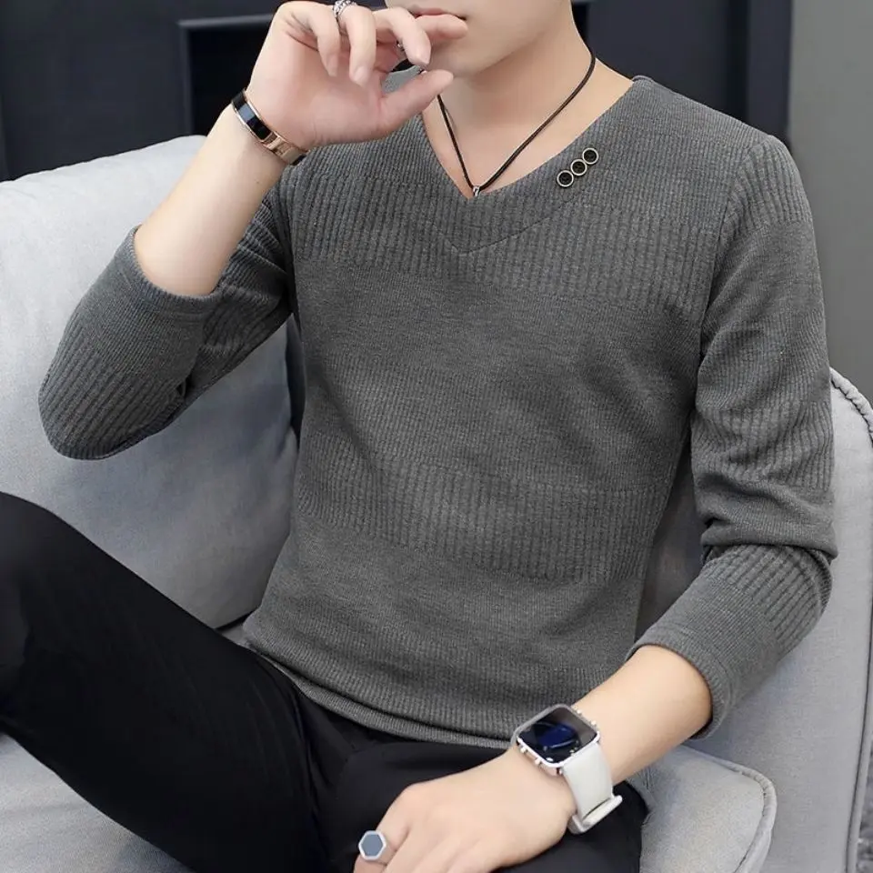 Áo Lót Nam, Hàng Mới Về, Cổ Chữ V, Mỏng, Lót Lông Cừu, Áo Len Hợp Xu hướng Dệt Kim, Áo Sơ Mi Lớp Nền Có Thể Mặc Ngoài Trời, Thích Hợp Cho Nam Menswear