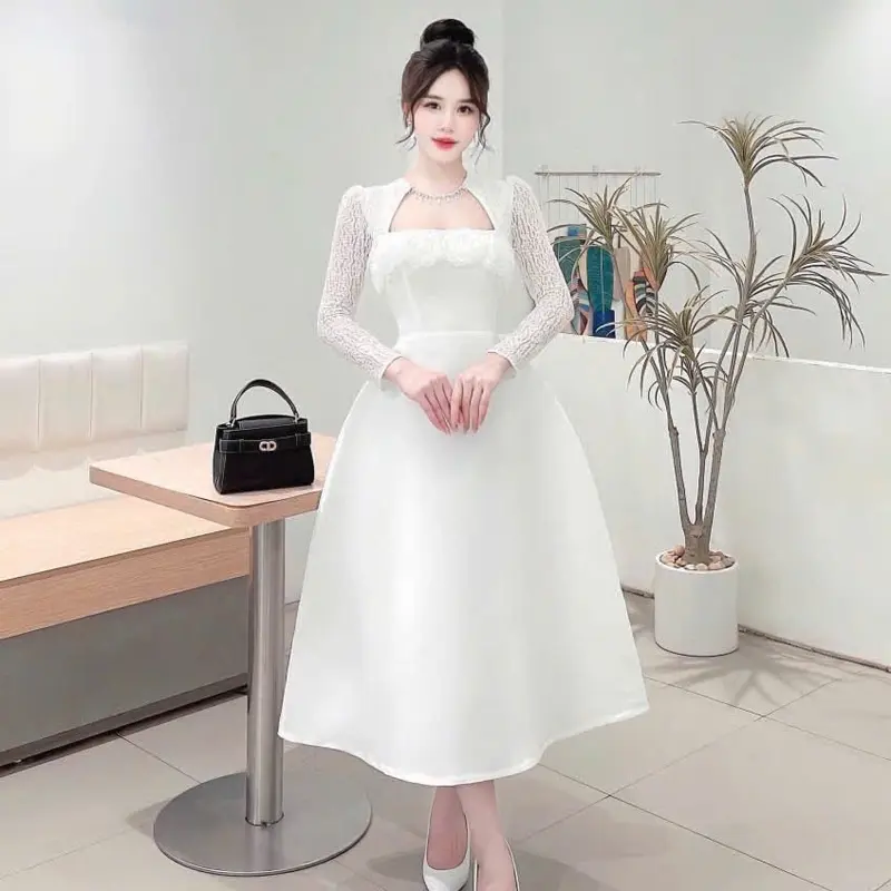 Váy tapta tay ren dài cổ đá cuộn hoa 6