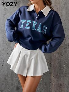 YOZY Women's Letter Print Drop Shoulder Sweatshirt, Casual Long Sleeve Buttons Collared Pullover for Fall & Winter, Women's Clothes for Daily Wear