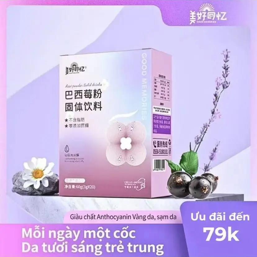 「BÃT QUÃ CHIÃT XUÃT TÃ THUC VÃT_ANH TINHI, BOT ACAI BERRY- dung pha vóncnãng ngày, vi chua ngot nhe, hóp 20 gói(3g/gói)