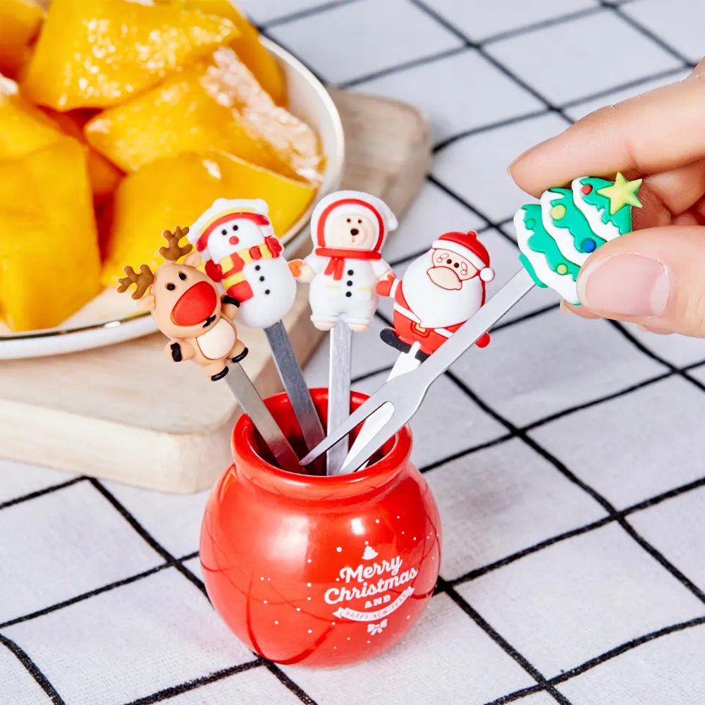 Nĩa Trái Cây Hoạt Hình, Chủ Đề Giáng Sinh, Bộ Lọ Đựng Bằng Thép Không Gỉ Gia Dụng, An Toàn Cho Trẻ Em, Nĩa Nhặt Trái Cây Dễ Thương