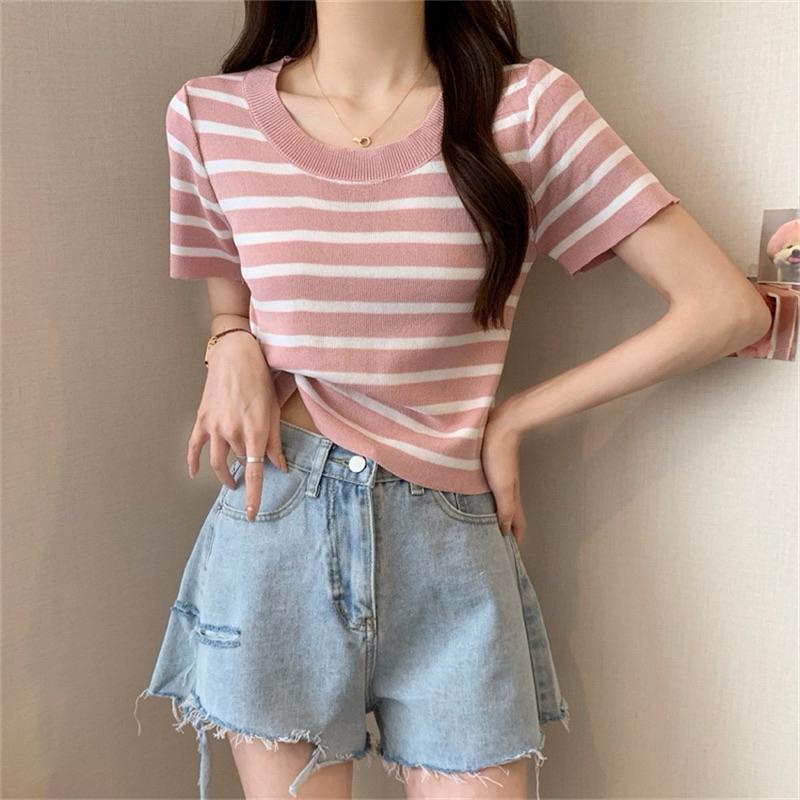 COD- Atasan Wanita Rajut Salur (A315) / Atasan Wanita Crop Top Lengan Pendek Korean lucu 1
