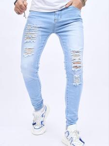 Men's Ripped Washed Skinny Jeans, Casual Comfy Pocket Denim Pants for Daily Wear, Fashion Men's Bottoms for All Seasons, Cotton