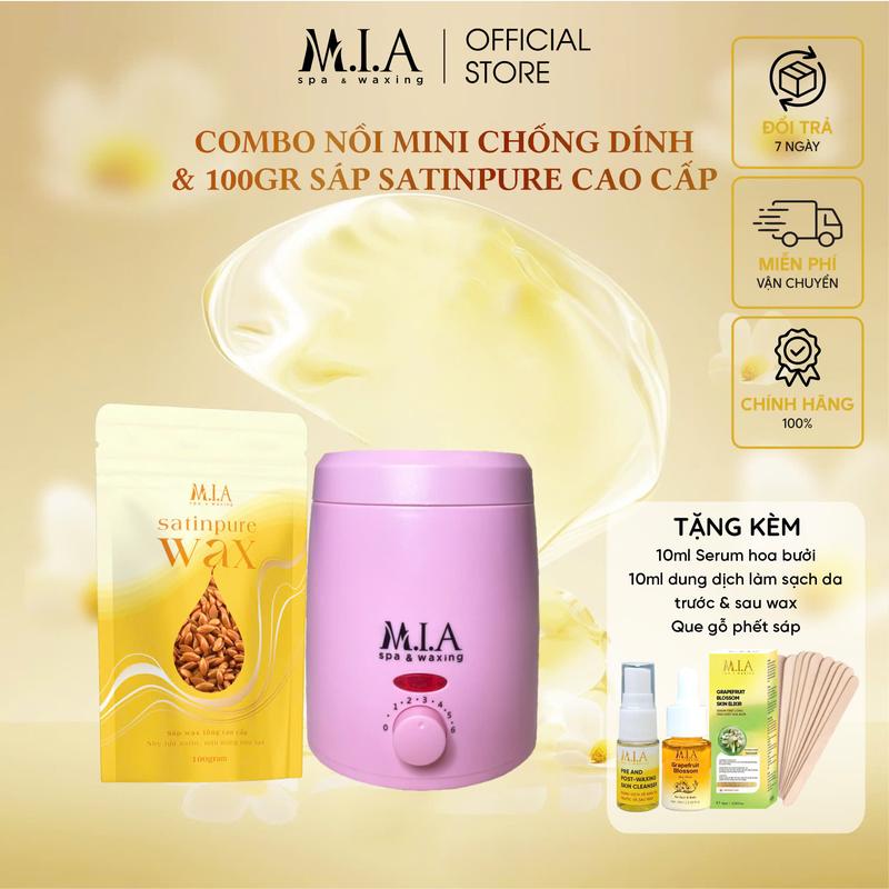 [ Tặng Serum Hoa Bưởi + Dung Dịch Sạch Da + Que Gỗ ] - Combo Nồi Nấu Sáp Chống Dính Mini & Túi 100gr Sáp SATINPURE CAO CẤP Chuyên Biệt Cho Da Nhạy Cảm Và Vùng Nhạy Cảm - M.I.A WAXING