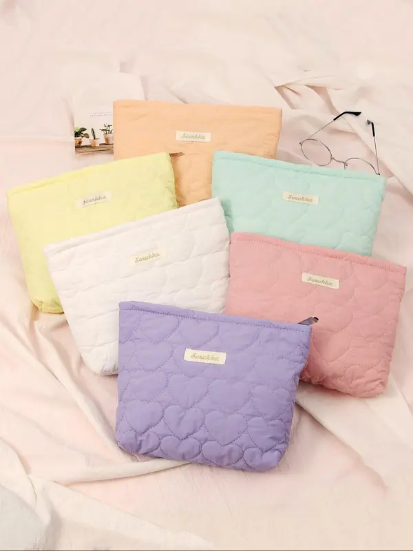 Quilted Heart Pattern Cosmetic Bag, Lightweight Simple Clutch Bag, Travel Essentials, Travel Small Cosmetic Case Accessories 0