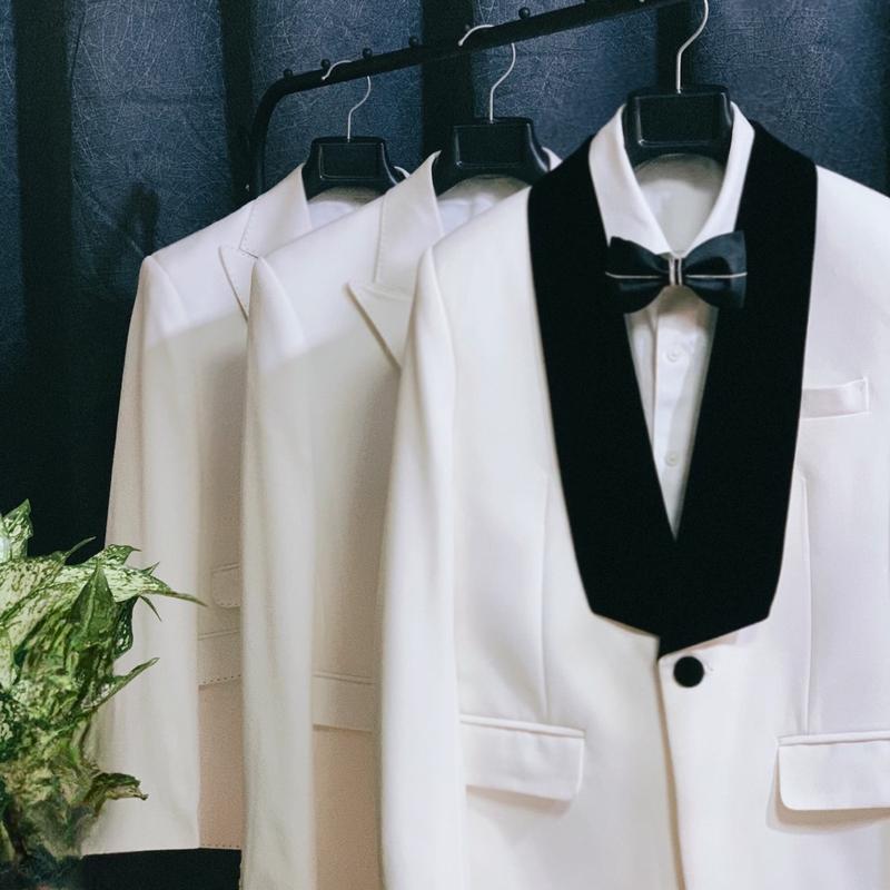 Bộ Vest Tuxedo Cao cấp 1 cúc màu trắng phối cổ nhung Nam Áo 1
