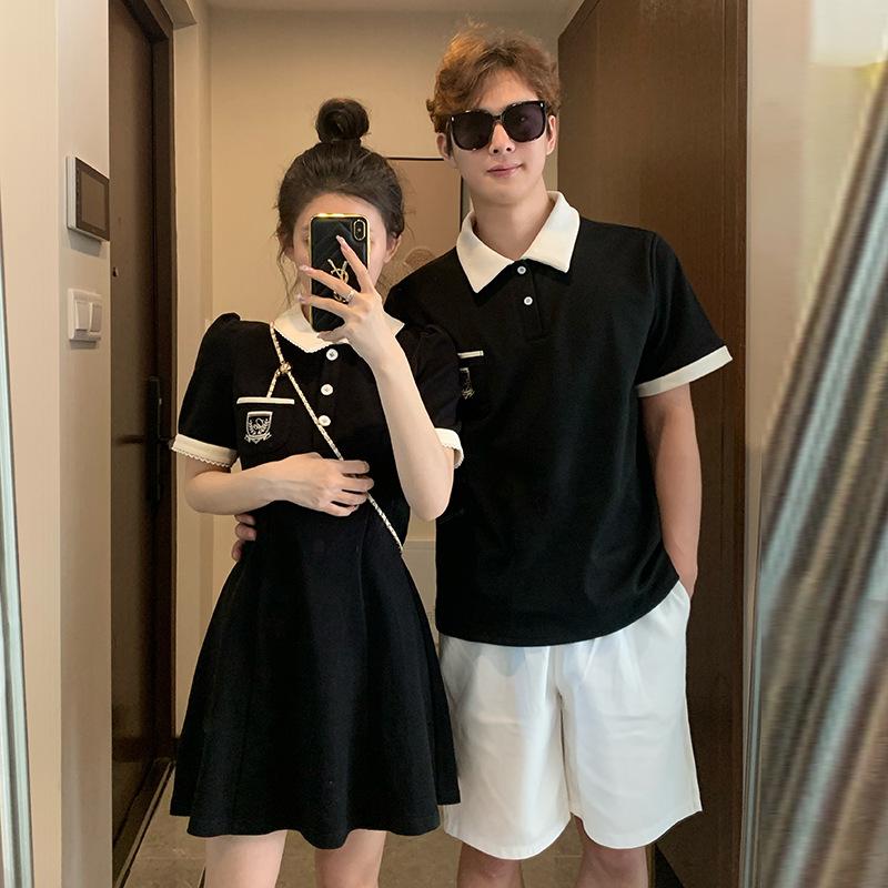 Product Introduction of Couple's outfit 2025 short sleeved lapel T-shirt, home women's waist collection, college style dress, one piece, one skirt, oversized size Womenswear Clothing 0