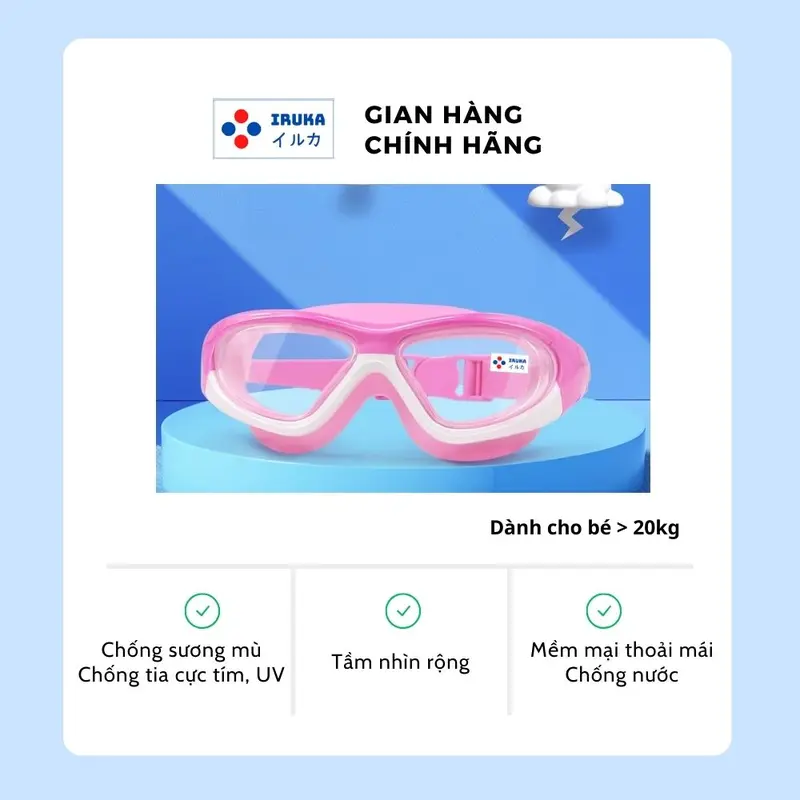 [Giảm 40% ] M5 KÍNH BƠI CAO CẤP Iruka chống nước dành cho trẻ em lớn hơn 20kg, màu xanh hồng, chống mờ sương, chống nước, chống tia UV 1