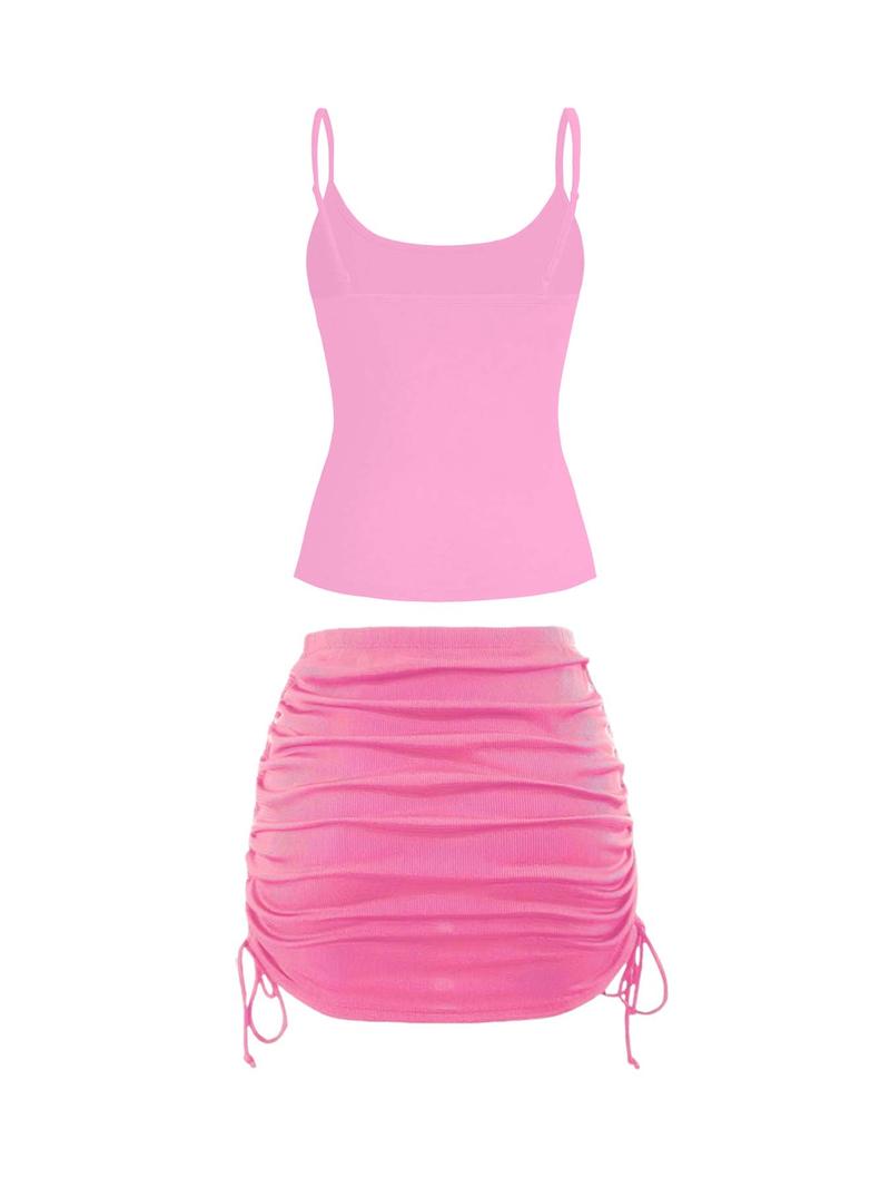 Product Introduction of Two-Piece Set Women's Solid Color Cami Top & Drawstring Side Skirt, Casual Fashion Cozy Clothing Sets for Daily Outdoor Wear, Ladies Summer Clothes 5