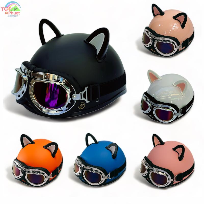 Mũ bảo hiểm kính phi công kèm tai mèo 2 màu - Hàng Chính hãng SRT cao cấp tặng Sticker cute dán mũ