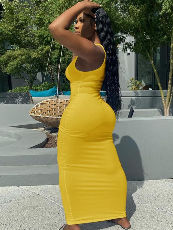 Women's Plain Ripped Notched Neck Bodycon Dress, Casual Sleeveless Long Dress for Summer, Ladies Clothes for Nightclub Party Daily Wear 5