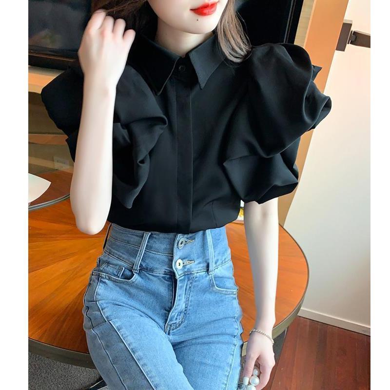 Áo Sơ Mi Cổ Bẻ Phong Cách Pháp, Cao Cấp Và Cổ Điển, Dành Cho Nữ, Trang Phục Mùa Hè, Thiết Kế Đẹp, Phong Cách Độc Đáo Tay Phồng Cánh Hoa Màu Đen, Áo Sang Trọng, OOTD 3