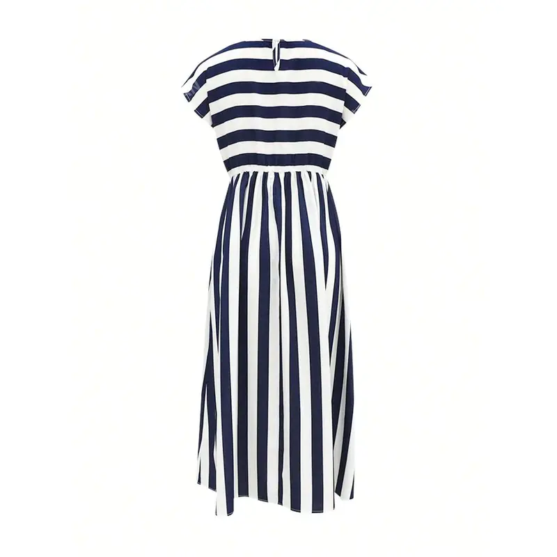 Summer Round Neck Striped Drop Shoulder Sleeve A-Line Midi Dress 1