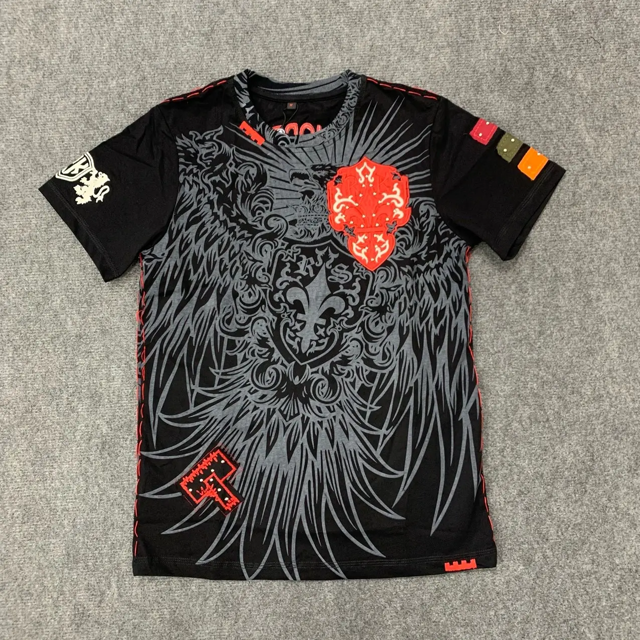 Áo thun nam tay ngắn RK màu đen , họa tiết full thêu đại bàng Cotton Menswear Cổ Tròn