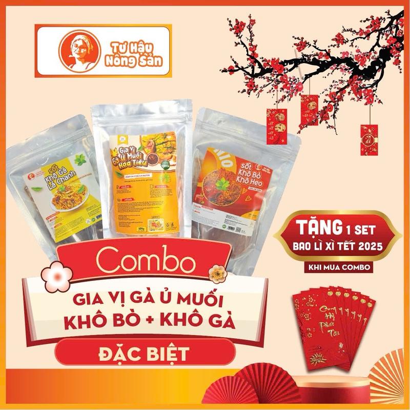  Combo Đặc Biệt : 1 Gia Vị Gà Ủ Muối + 1 Sốt Khô Gà + 1 Sốtd Khô Bò Khô Heo TẶNG 6 BAO LÌ XÌ 2025 