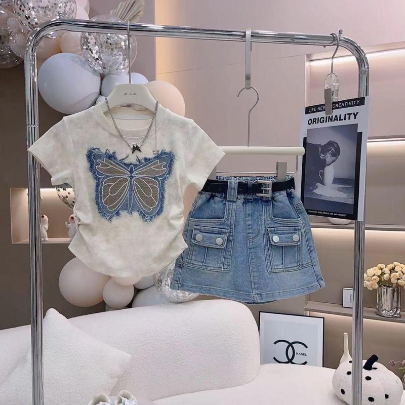 Product Introduction of Bộ Đồ Mùa Hè Cho Bé Gái, Hàng Mới Về 2024, Thời Trang, Chân Váy Denim Áo Phông ngắn Tay Bộ Hai Mảnh, Thích Hợp Cho Trẻ Em 1
