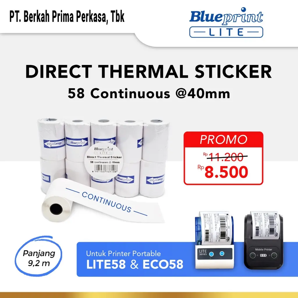 Kertas Thermal Stiker , Label  Sticker BLUEPRINT 58 mm Continuous @40mm - 1 Roll