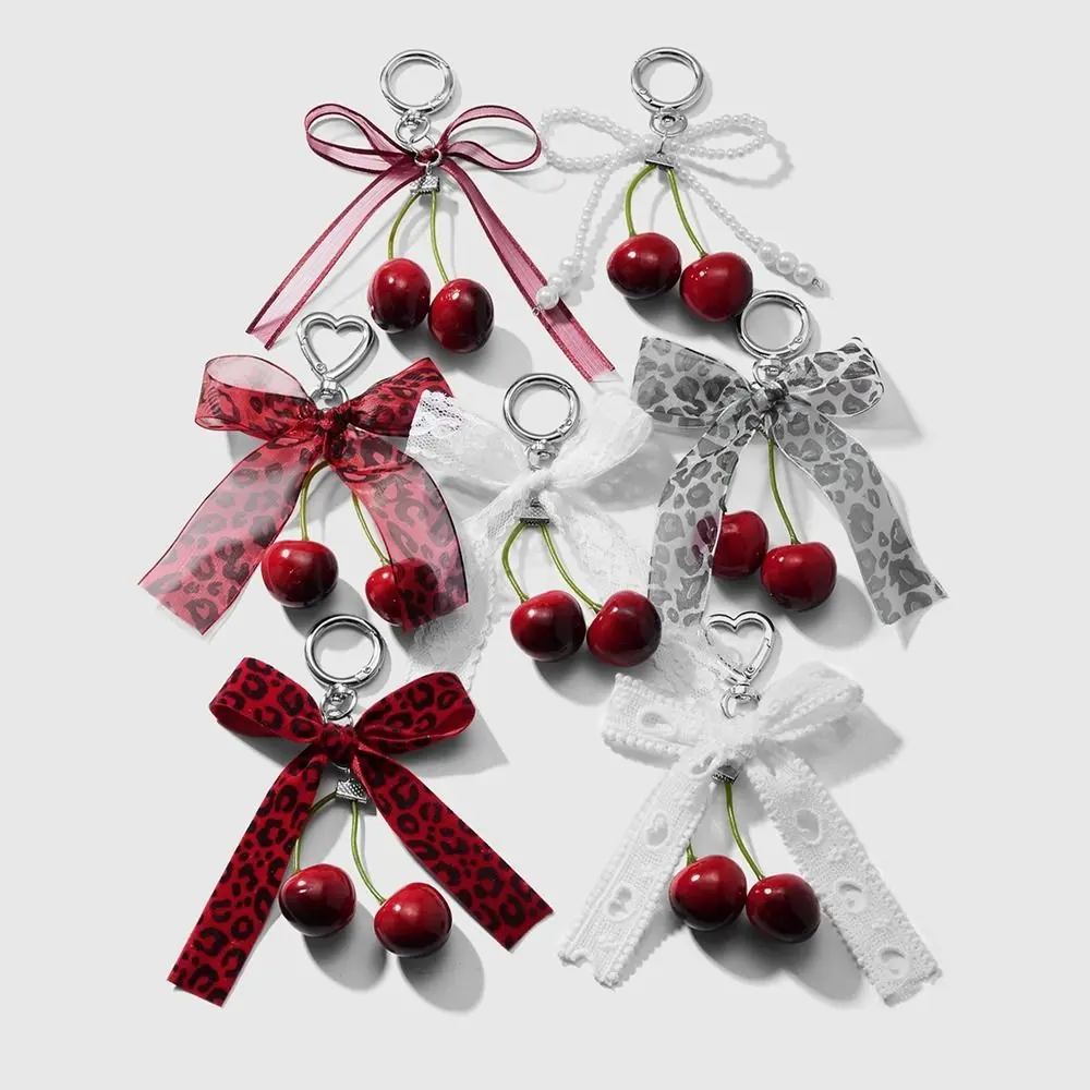 Creative Phone Charms Ribbon Bowknot Keychain Mesh Keyring Cherry Pendant Bag Pendant Decoration Heart Phone Chains Women Girls