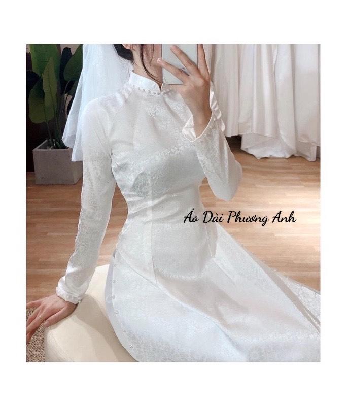 Áo dài gấm trắng đính ngọc full tà, size từ S-3XL- Áo Dài Phương Anh Nữ Dress Women