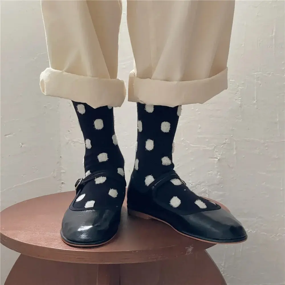 Black White Polka Dot Women Socks Fashion Casual Harajuku Streetwear Crew Socks Women Girls Vintage Cotton Long Sock Black Beige