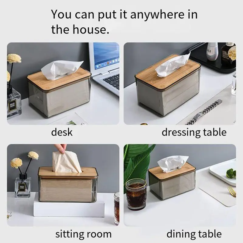 Clear Tissue Box with Wooden Lid, 1 Count Modern Simple Tissue Storage Box, Dustproof Tissue Holder, Home Organizer for Living Room Bedroom Office 5