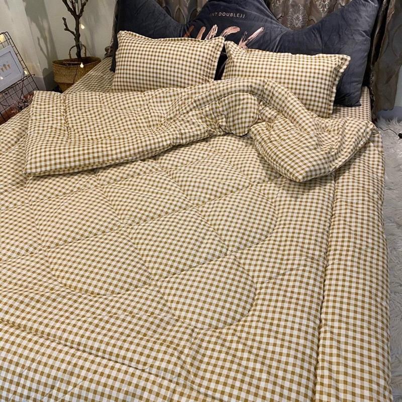  set chăn ga gối mẫu kẻ nâu be hàn quốc 