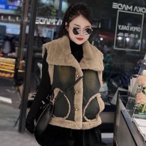[Hàng QCCC Loại 1] Áo gile bò phối lông thỏ mềm mịn cổ bẻ dành cho Nữ Women Top Jean Jacket - Njnkyumy Shop