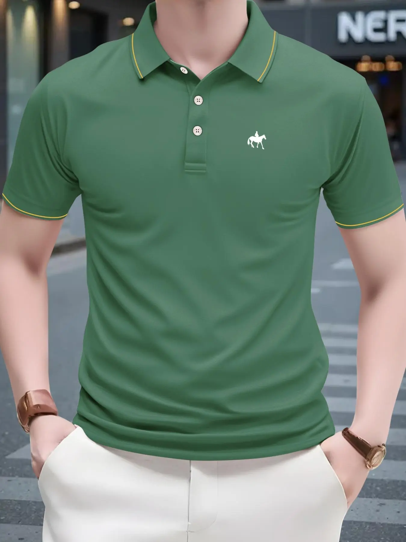 Men's Regular Fit Horse Print Contrast Trim Polo Shirt, Casual Short Sleeve Half Zip Top for Summer, Fashion Men's Clothes for Daily Wear, Tropical