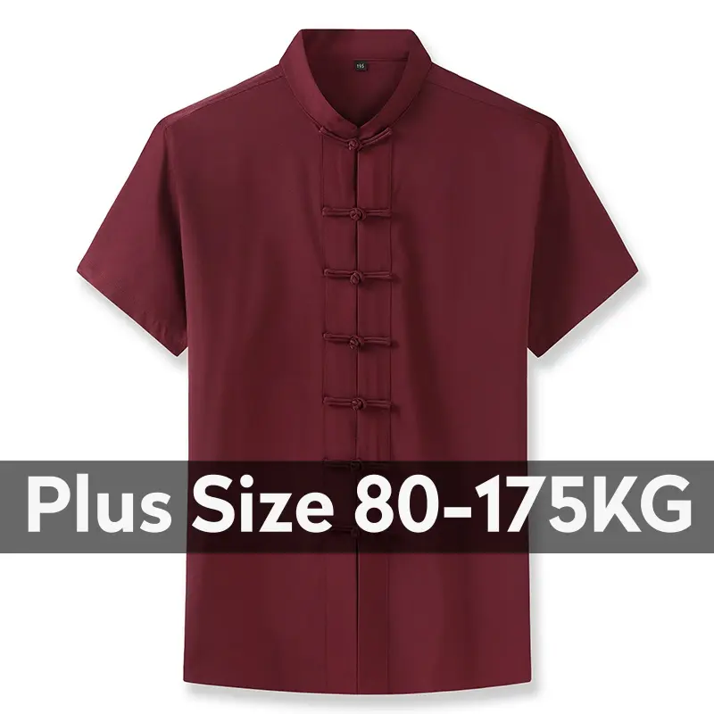 [3xl-10xl] Men Oversized Oversized Plain Mandarin Collar Short Sleeve Knot Buttons Black White Red Shirts