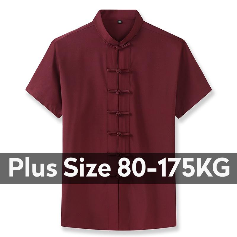 [3xl-10xl] Men Oversized Oversized Plain Mandarin Collar Short Sleeve Knot Buttons Black White Red Shirts 0