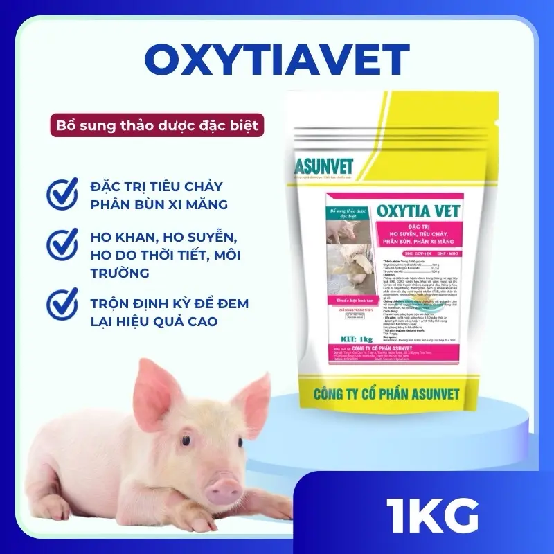 Oxytiavet gói 1kg Asunvet kiểm soát các vấn đề hô hấp, ho khan, ho suyễn, tiêu chảy phân bùn, xi măng trên heo