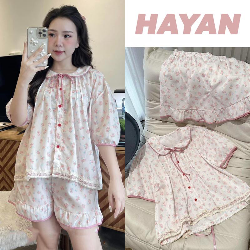 HT6000f Bộ pijama tiểu thư cộc hoạ tiết hoa hồng hotgirl,đồ ngủ thô đũi bánh bèo tôn dáng HT6000f 0