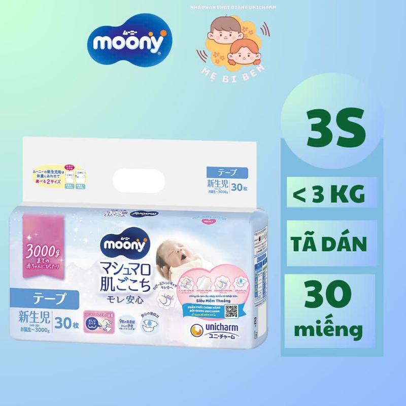 [Thùng 6 gói] Tã bỉm dán Moony 3S 30 miếng cho bé sơ sinh nhẹ cân siêu mềm mại