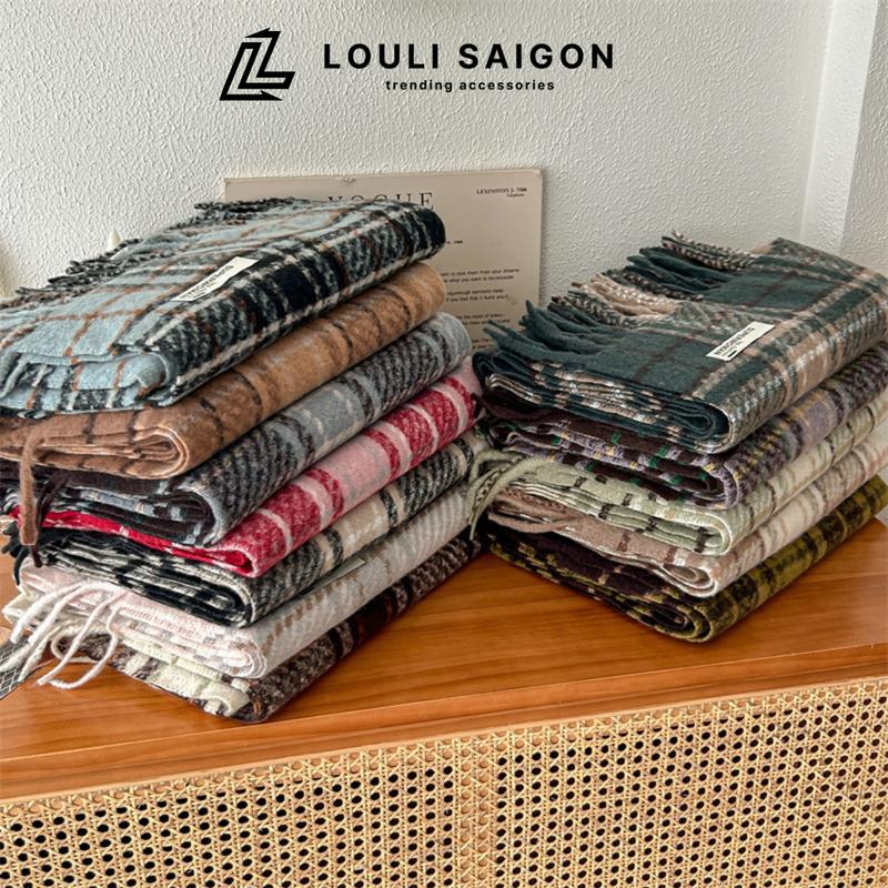 Khăn len quàng cổ nam nữ cashmere LOULI SAIGON khăn choàng len dệt kim sọc bản to K03