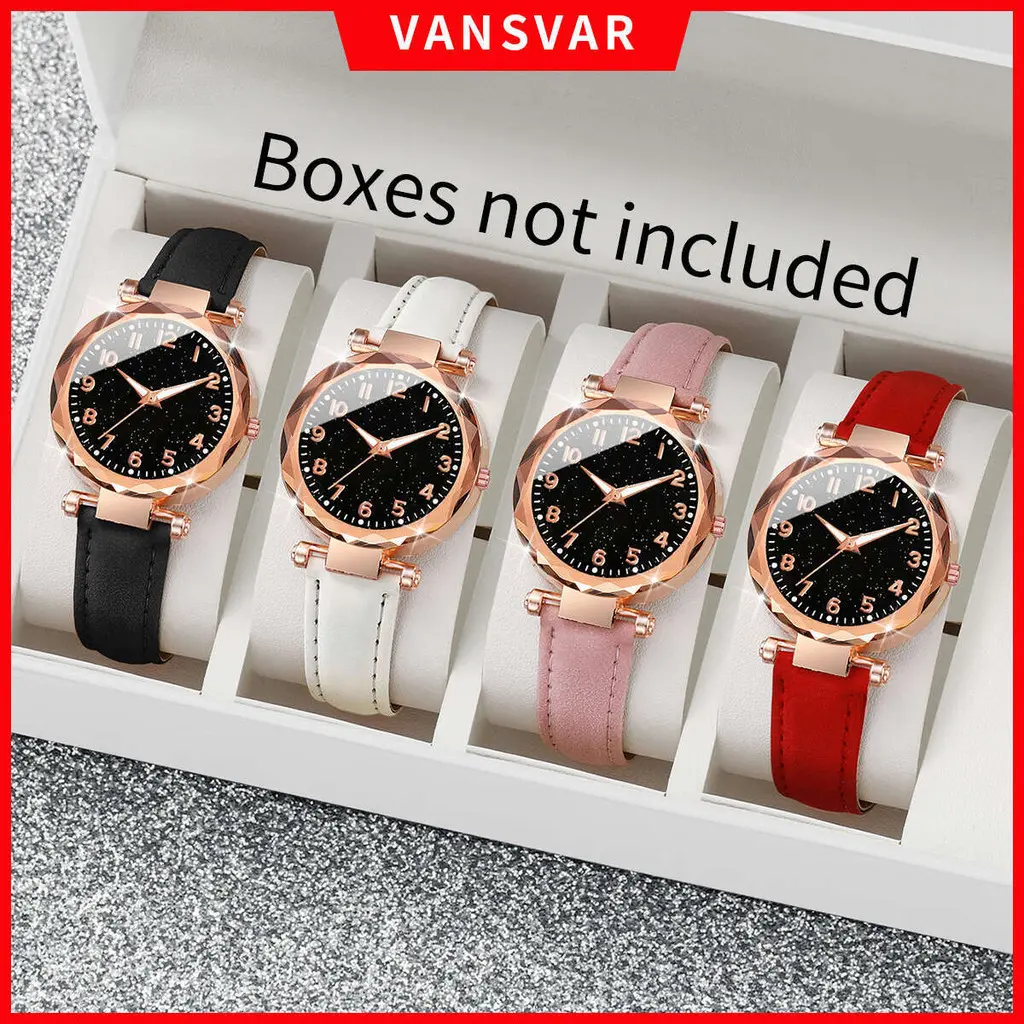 *-*4PCs/Set Newest Fashion Student Leisure Set Leather Strap Starry Sky dial Minimal Design Women Quartz Watch 11/30