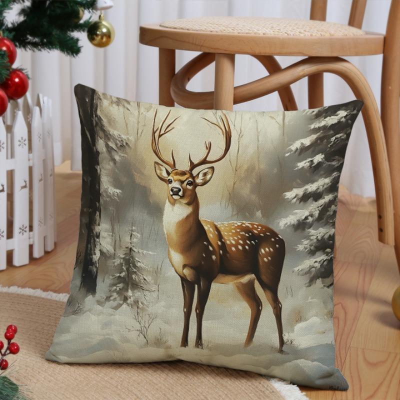 Product Introduction of Christmas Themed Pillow Case, 4 Counts/set Santa Claus & Animal Pattern Cushion Cover without Filler, Square Pillow Cover for Home Decor 4