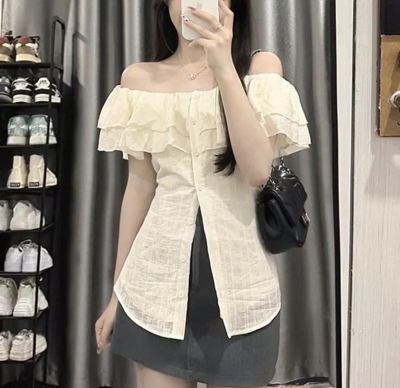 Áo nữ trễ vai phối bèo tay ngắn - Women Voi Top Sơ Mi