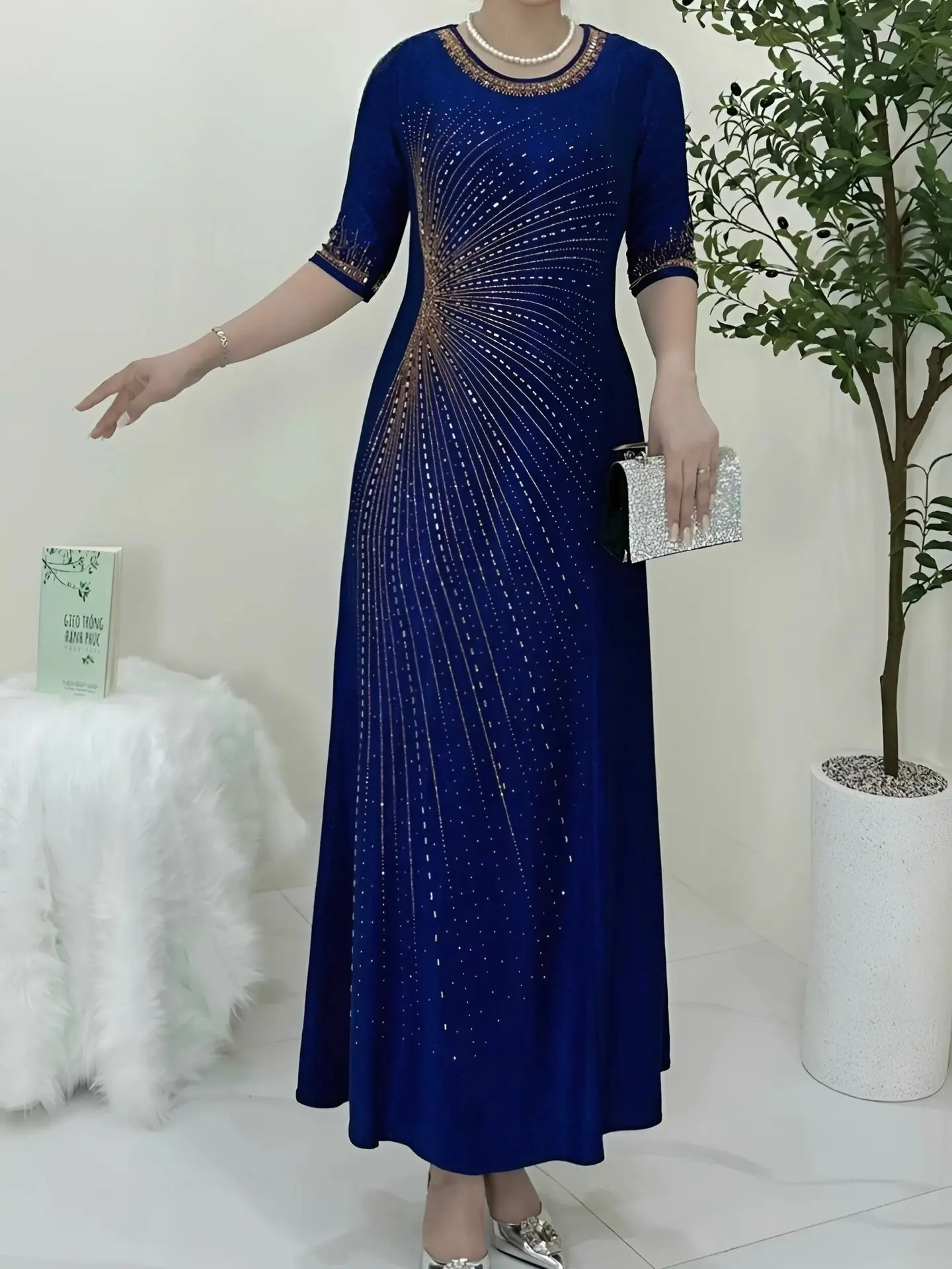Đầm Trung Niên Dáng Dài N559 Nhũ Ép Đá từ 48-75kg 2 size Thanh lịch Kinh doanh Women Dress Màu Đỏ Kim Tuyến
